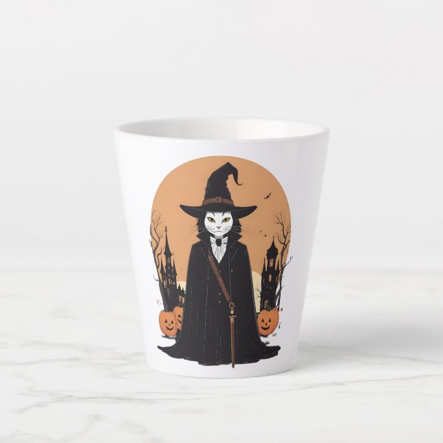 Tasse Latte Sale mystique Chat noir avec Citrouille (Devant)