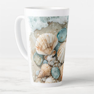 Tasse Latte Scène aquarelle de coquillages de bord de mer et d