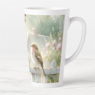 Tasse Latte Scène aquarelle de rose de jardin et d'oiseau