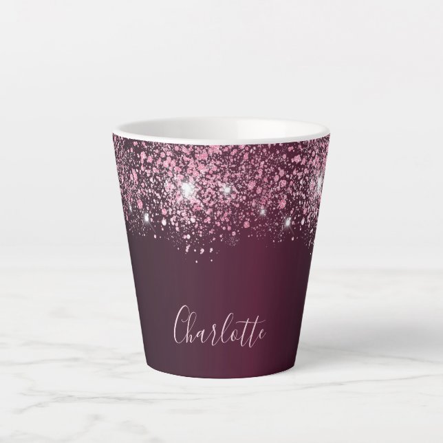 Tasse Latte Script de nom de parties scintillant rose bordeaux (Devant)