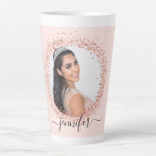 Tasse Latte Script de nom de photo en or bleu rose