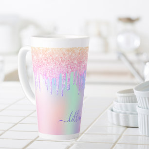 Tasse Latte Script de nom des gouttes rose holographique