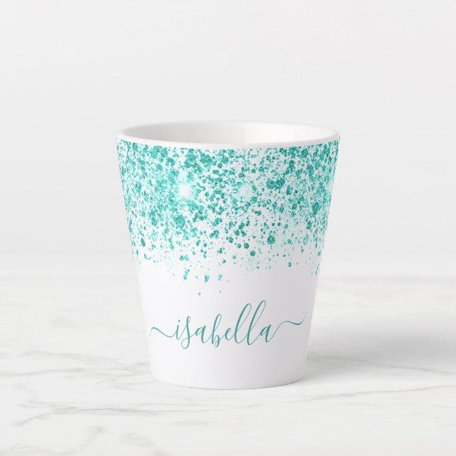 Tasse Latte Script de nom vert de mer de parties scintillant t (Devant)