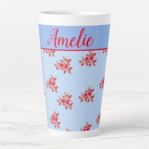Tasse Latte Shabby Chic Bleu Rouge Floral Lily En vichy Latte 