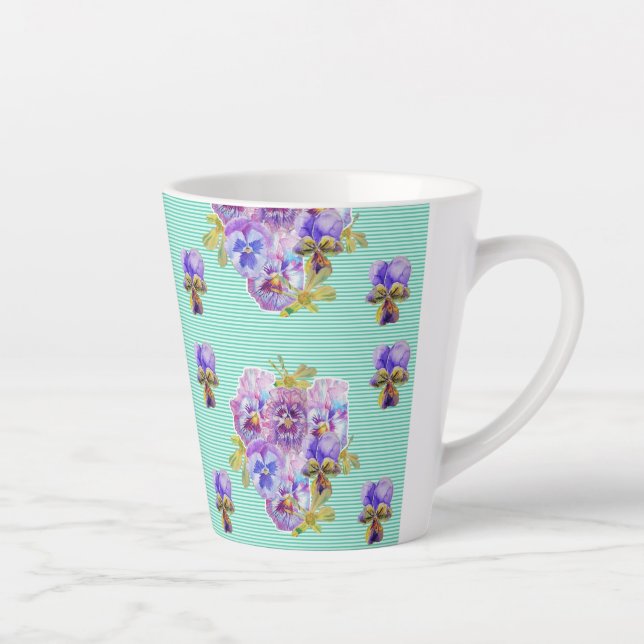 Tasse Latte Shabby Chic Turquoise Aqua Pansy floral (Droite)