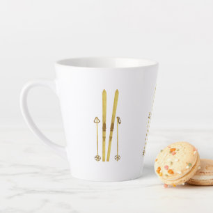 Tasse Latte Skis Et Poles D'Or   Illustration de ski Vintage