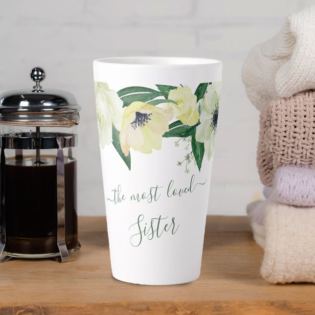 Tasse Latte Soeur la plus aimée Roses sauvages & Élégant Scrip (Créateur téléchargé)