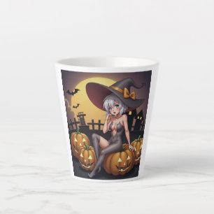 Tasse Latte Sorcière d'Halloween aux Yeux Verts sur des Citrou