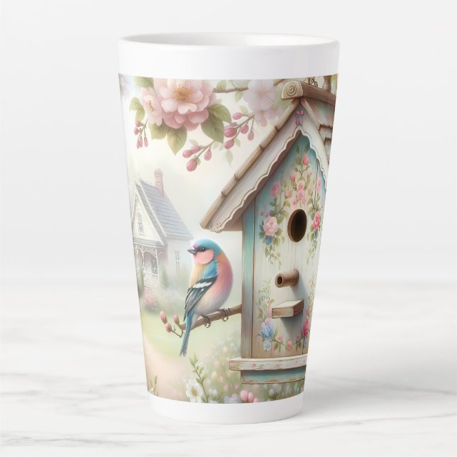 Tasse Latte Spring Birdhouse With Pastel Flowers And Bird (Devant)