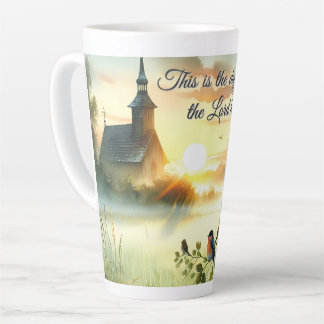 Tasse Latte Sunrise Church with Birds in Misty Meadow
