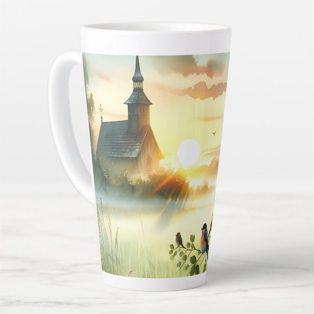 Tasse Latte Sunrise Church with Birds in Misty Meadow No Verse (Angle gauche)