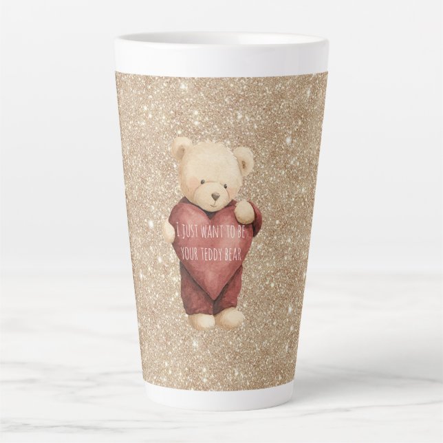Tasse Latte Teddy Bear Red Heart Gold Glitter (Devant)