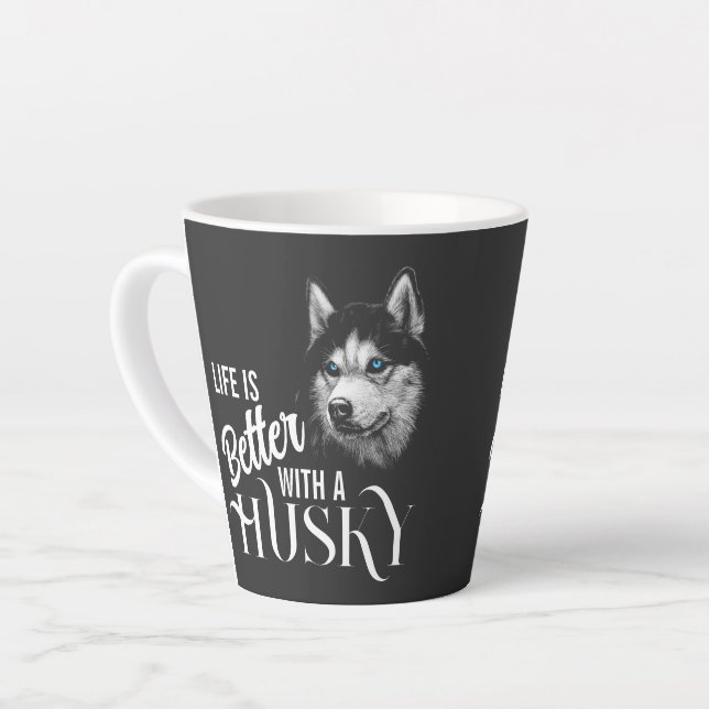 Tasse Latte Tête de portrait Husky Sibérien Avec Yeux Bleus T- (Angle gauche)