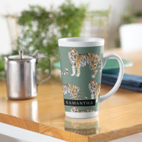 Tigres d'aquarelle verte tropicale Motif avec nom