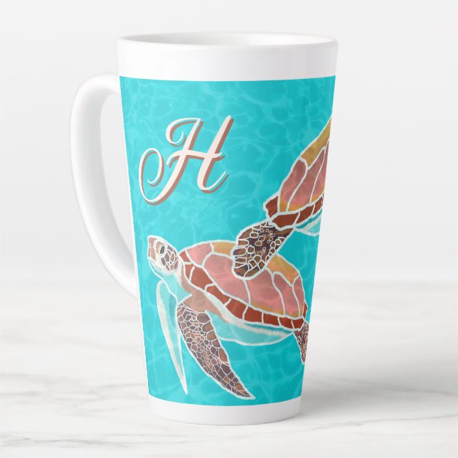 Tasse Latte Tortues de mer Monogramme d'aqua illustré (Angle gauche)