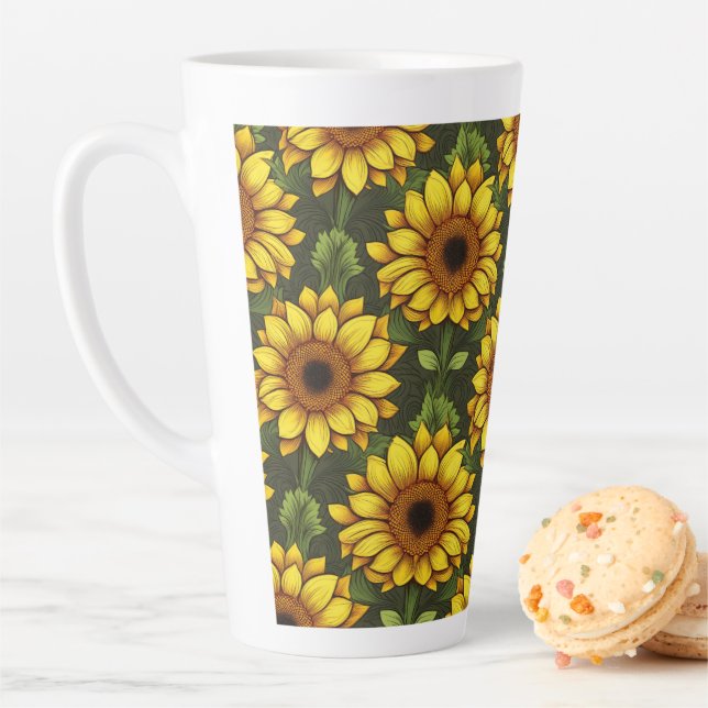 Tasse Latte Tournesol orange jaune avec vert et Brown (En situation)