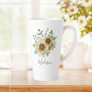 Tasse Latte Tournesol rustique vintage à aquarelle monogrammé