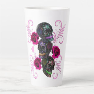 Tasse Latte Triple Jour Noir Des Crânes Morts Roses Rose