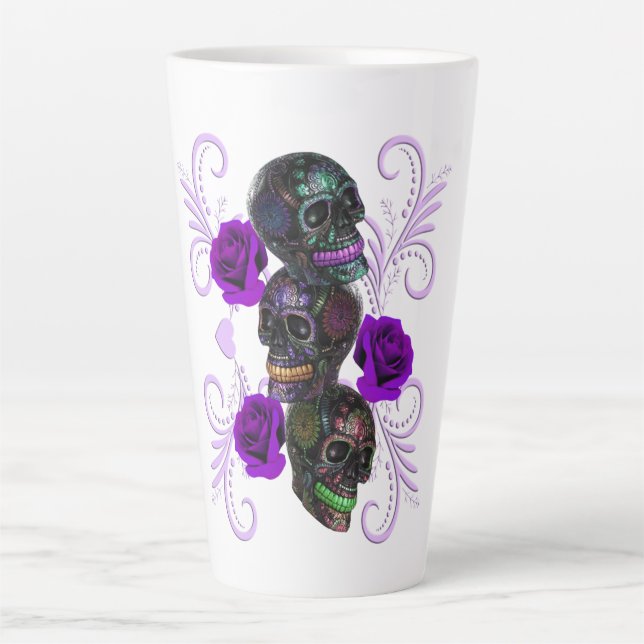 Tasse Latte Triple Jour Noir Des Crânes Morts Roses Violets (Devant)