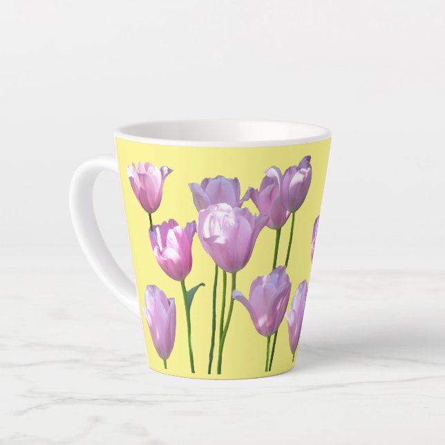 Tasse Latte Tulipes Roses Ensoleillées Poussière. BC Jaune Lat (Angle gauche)
