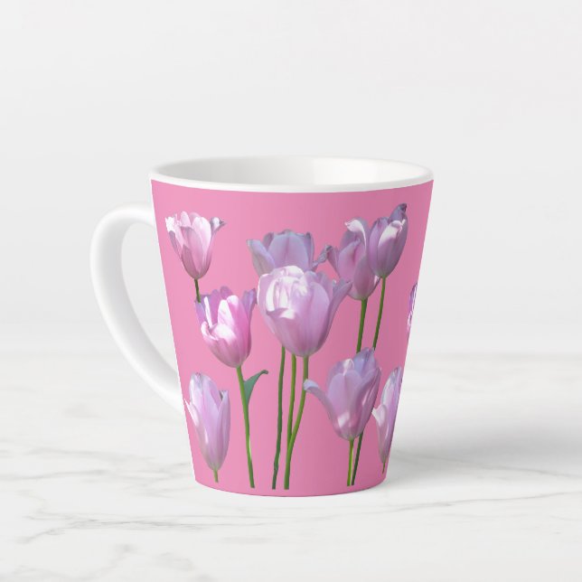 Tasse Latte Tulipes Roses Ensoleillées Poussière. Musique en l (Angle gauche)