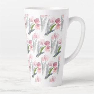 Tasse Latte Tulipes Roses Rouges Sage Vert Gris Feuille Blanc