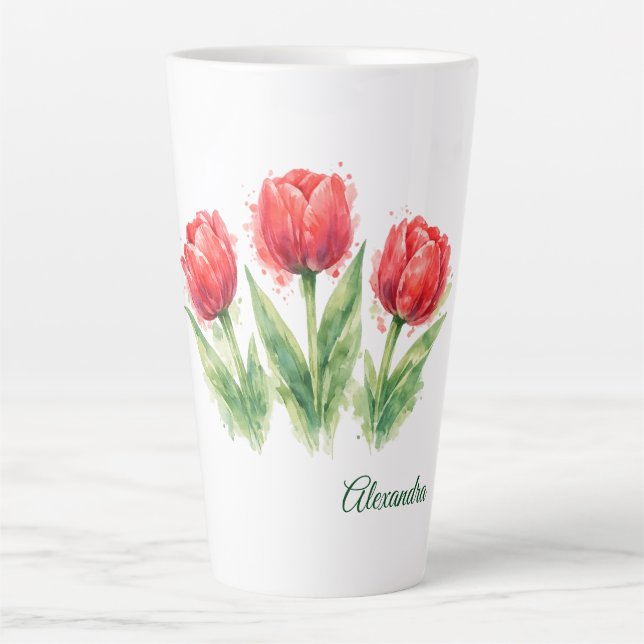 Tasse Latte Tulipes rouges aquarelles personnalisées  (Devant)