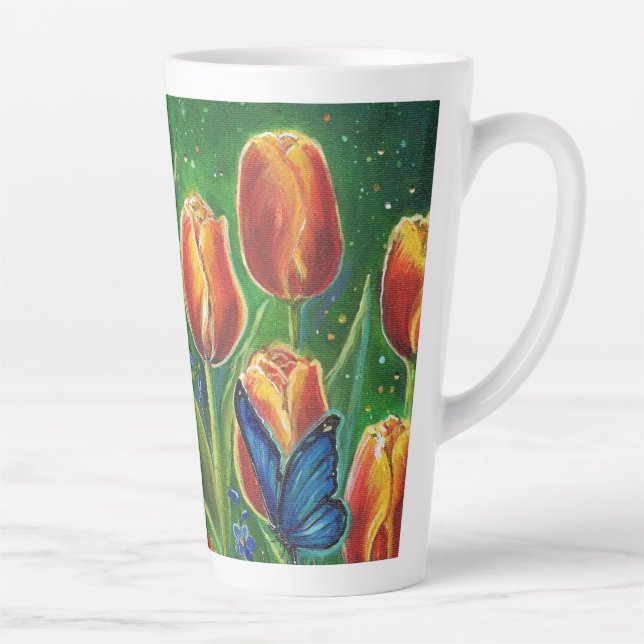 Tasse Latte Tulipes variées avec papillons par Renee Lavoie (Droite)