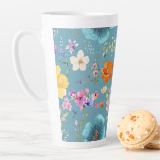 Tasse Latte Turquoise Aquarelle Fleurs Latte Coffee Cup