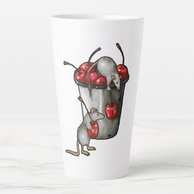 Tasse Latte Two MICE Stealing Cherries, Bucket of Cherries Art (Devant)