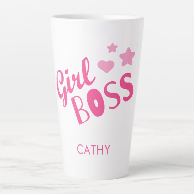 Tasse Latte Typographie Fun Boss Personnalisée Fille Rose (Devant)