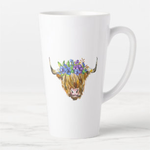 Tasse Latte Vache écossaise avec fleurs Aquarelle