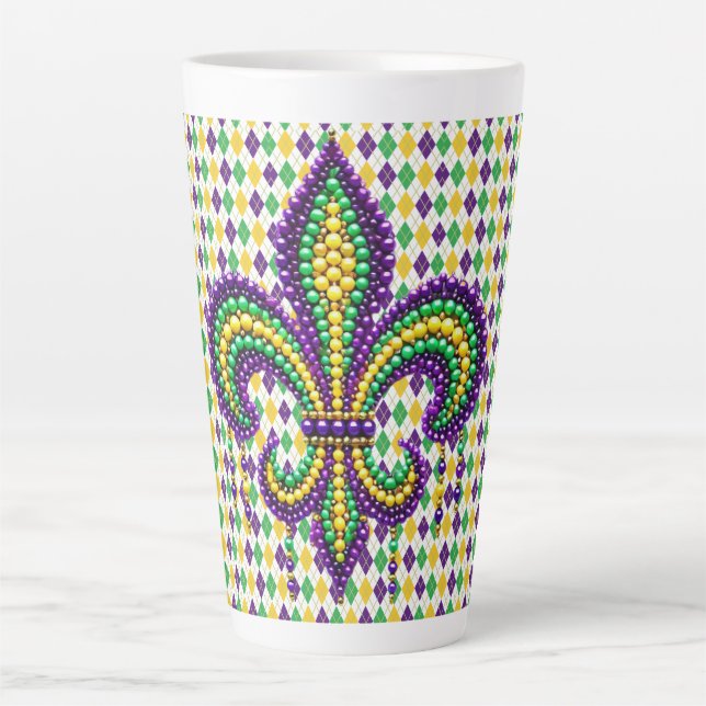 Tasse Latte Vert jaune pourpre Mardi Gras fleur de lis (Devant)