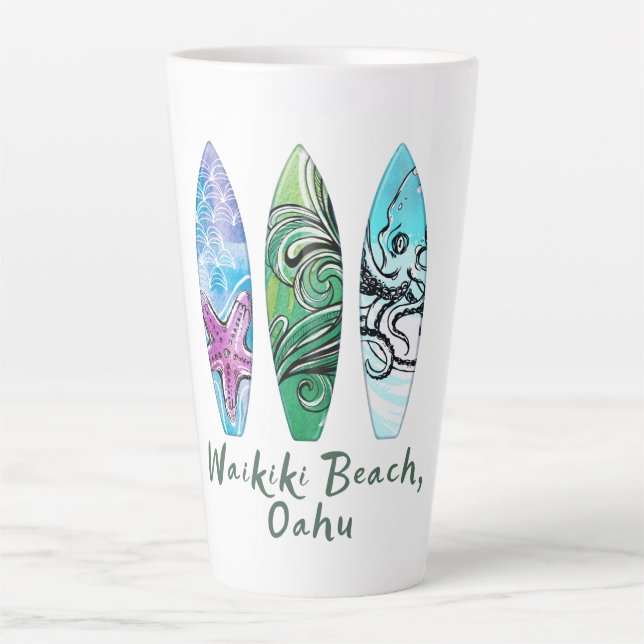 Tasse Latte Waikiki Beach Oahu Watercolor Surboards (Devant)