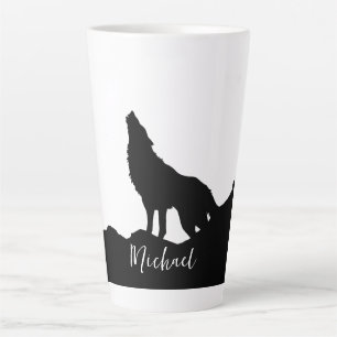 Tasse Latte Wolf Pop Art Votre Nom Personnalisé Noir Blanc