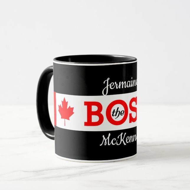 Tasse Le patron avec érable canadien et votre nom (Devant gauche)