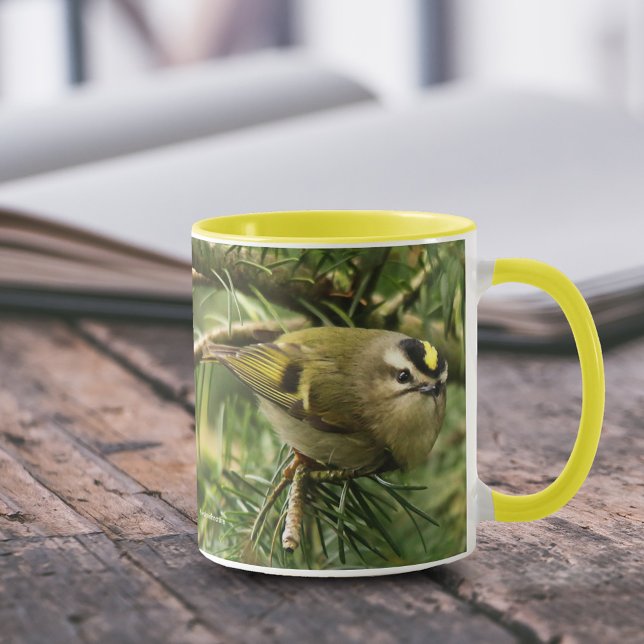 Tasse Le petit petit Kinglet mignon provoque un remue-mé (Cute Little Kinglet Causes a Stir in the Fir 11 oz Coffee Mug Cover Photo.)