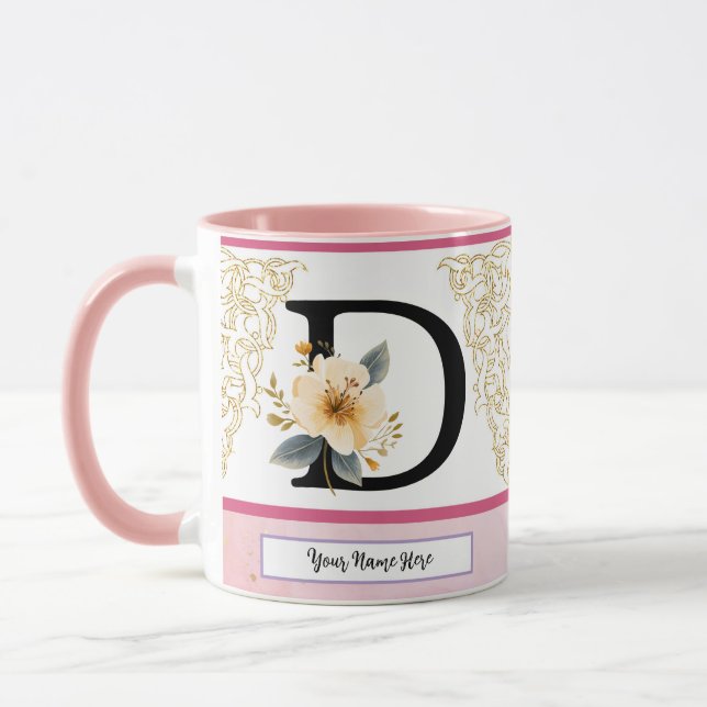 Tasse lettre D botanique – Initiale florale douce  (Gauche)