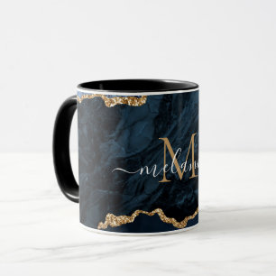 Tasse Lettre Nom Marbre Agate Bleu Nuit Or