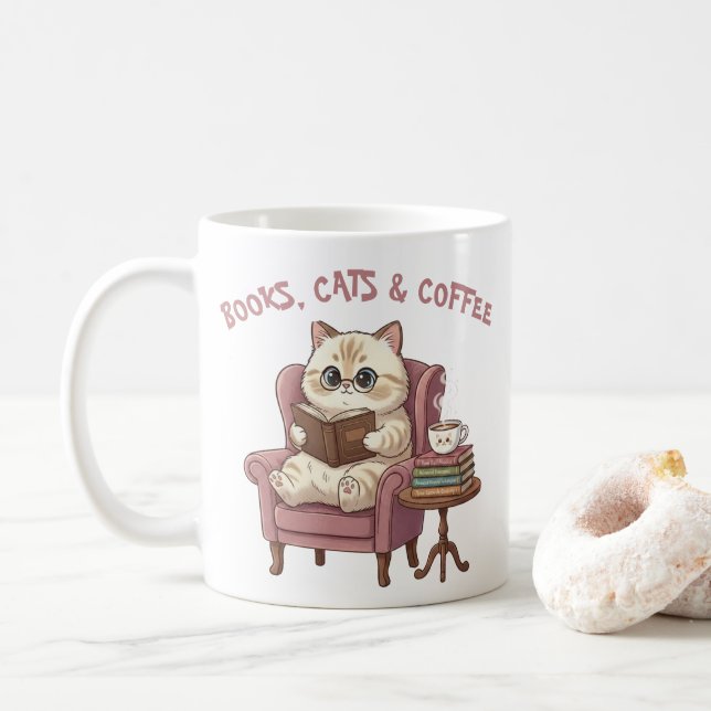 Tasse Livres, Chats & Café pour Amoureux de Chats  (Avec donut)