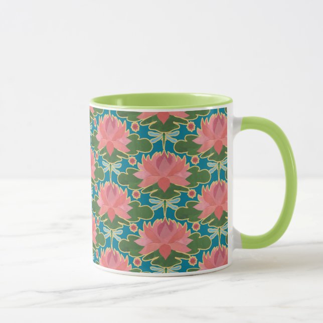 Tasse Lys d'eau rose, Motif de libellules bleues (Droite)