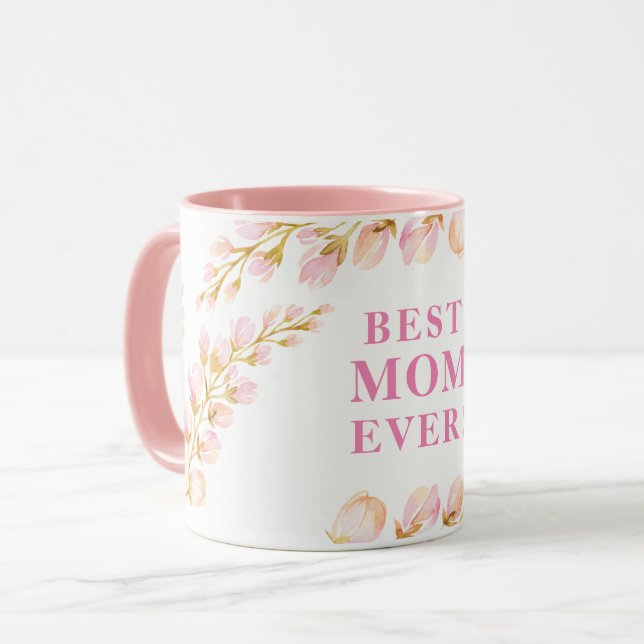Tasse MEILLEUR MOM JAMAIS jolie aquarelle rose floral (Devant gauche)