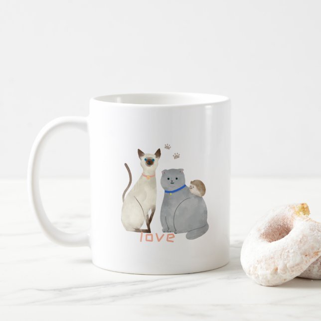 Tasse mignonne avec des chats et un hérisson : Amo (Avec donut)