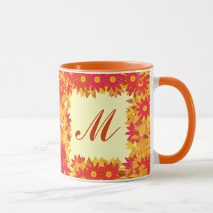 Tasse Monogramme encadré de fleurs - rouge et or
