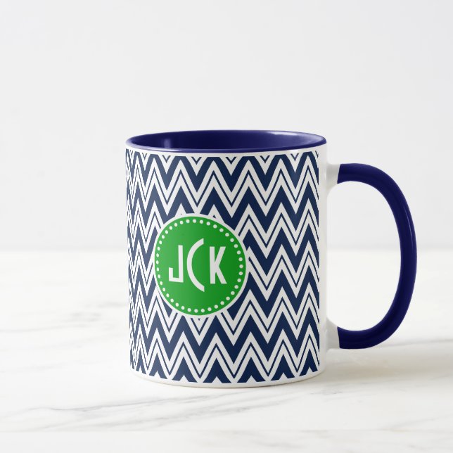 Tasse Monogramme Marine Bleu & Blanc Zigzag Chevron (Droite)