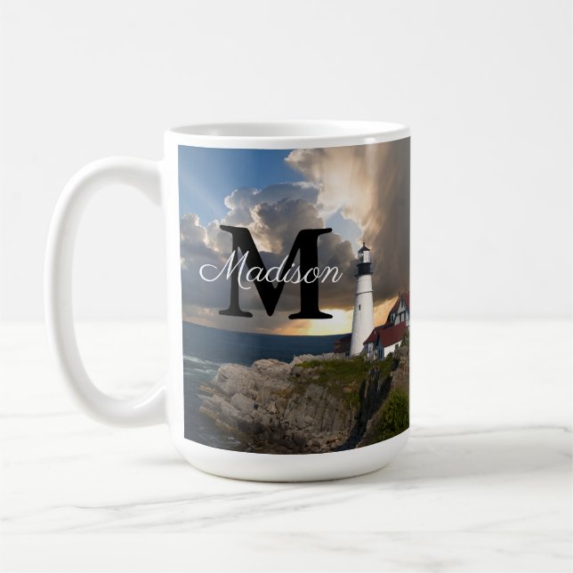 Tasse Monogramme Phare de Portland Head et Coucher (Gauche)