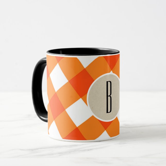 Tasse Monogramme rustique Kraft Plaid Blanc orange initi (Devant gauche)