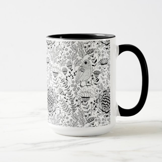 Tasse Motif de doodle d'oiseaux et de fleurs (Droite)