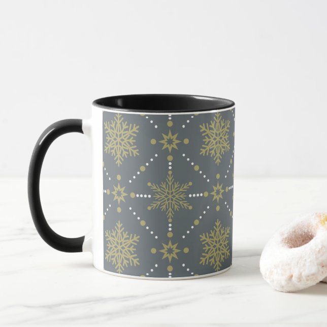Tasse Motif de Noël Gris et Gold Snowflakes (Avec donut)