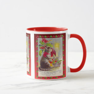 Tasse Noël vintage, chat parmi des décorations